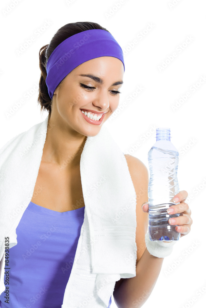 woman in violet sportswear drinking water, isolated woman in violet sportswear drinking water, isolated