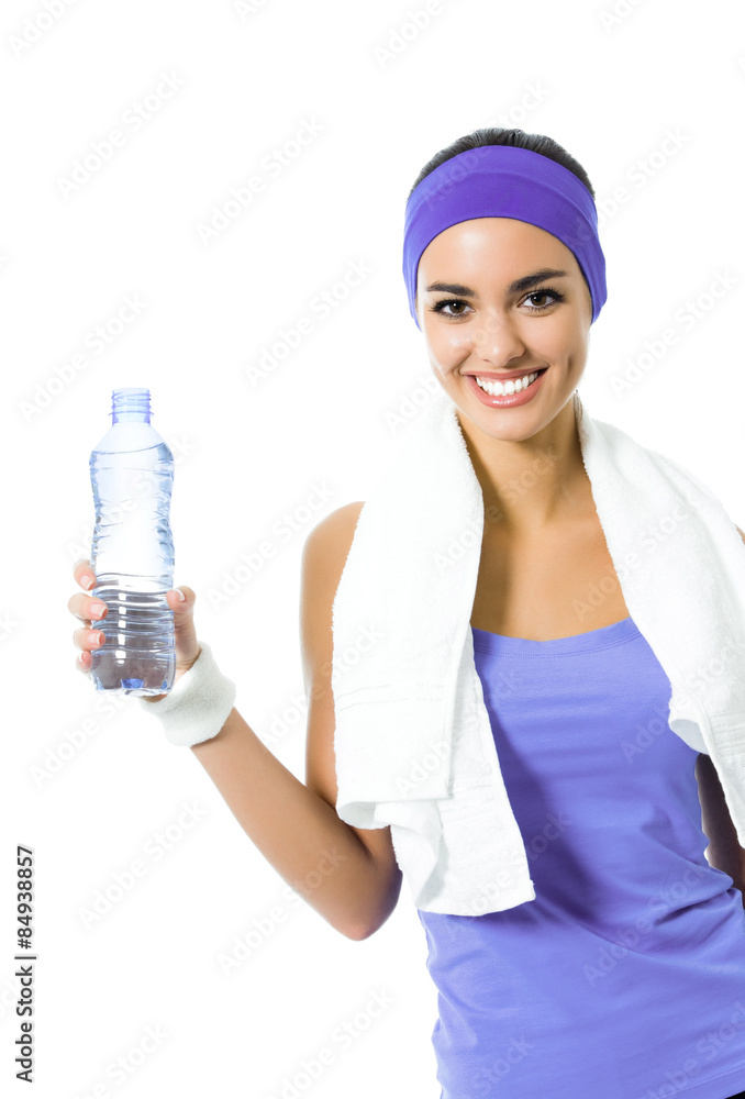 woman in violet sportswear drinking water, isolated woman in violet sportswear drinking water, isolated