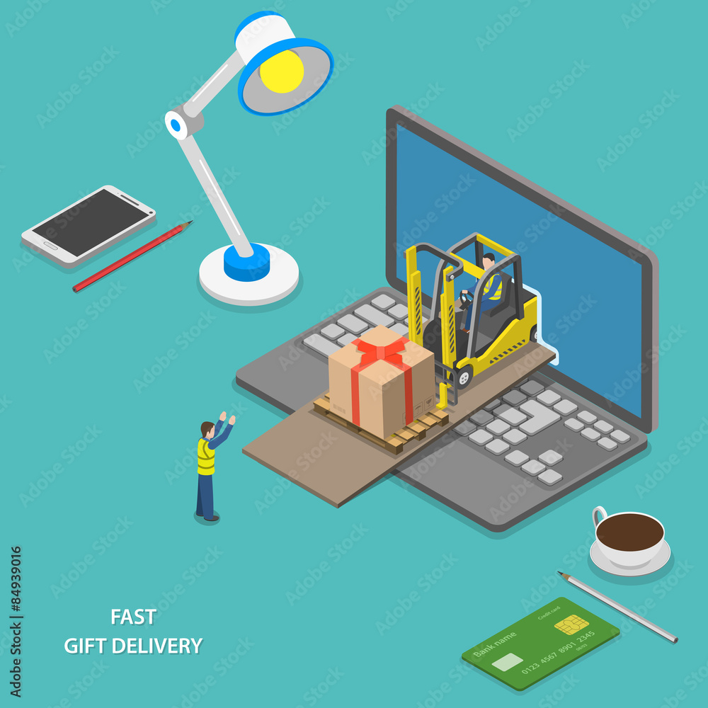 Fast gift delivery isometric vector illustration.