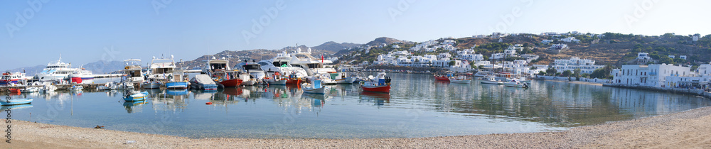 Panoramic view of the old port in Mykonos, Greece