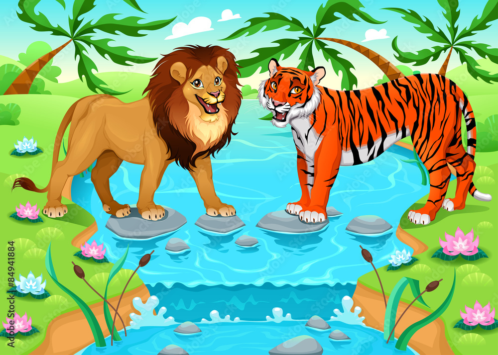 Fototapeta premium Lion and tiger together in the jungle