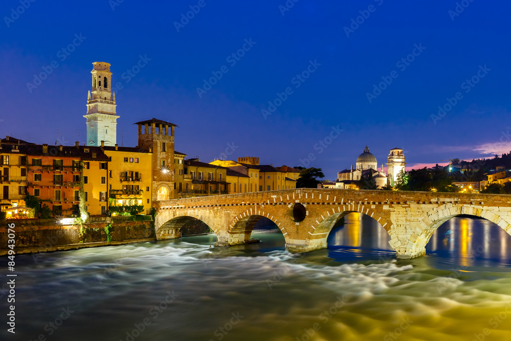 Ponte Pietra and Adige at night, Verona, Italy