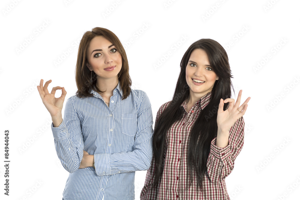 Two cheerful girls makes OK hand sign.
Beautiful smiling women casual dress checkered shirts brunette on white background Two cheerful girls makes OK hand sign.
Beautiful smiling women casual dress checkered shirts brunette on white background