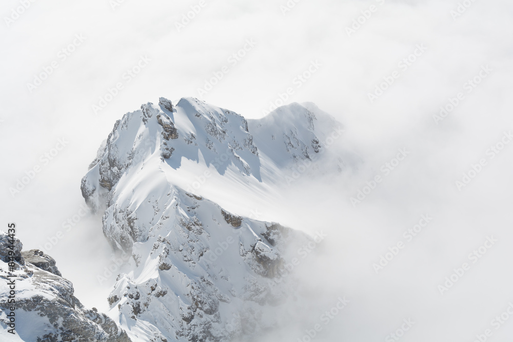 vschneiter Berg sticht aus Nebelmeer hervor - obrazy, fototapety, plakaty 