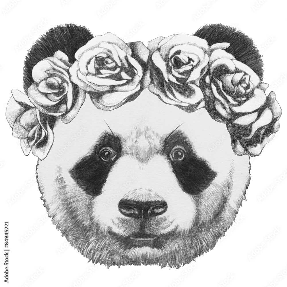 Fototapeta premium Original drawing of Panda with roses. Isolated on white background