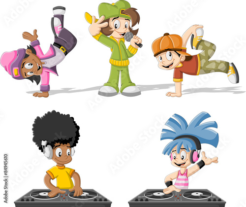 Cartoon hip hop dancers with a singer and a dj playing music