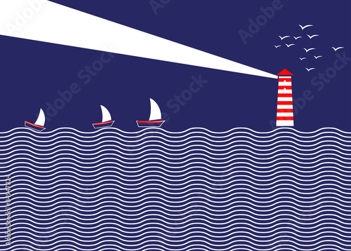 Simple illustration of lighthouse and ships. A lighthouse illuminates the sky at night. At sea, the ships sail guided by the lighthouse. Illustration of a beacon in the middle of the ocean.