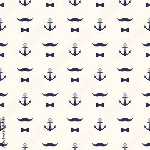 Anchor  Bow Tie and Mustache Seamless Pattern. Cute vector background. Baby style captains illustration.