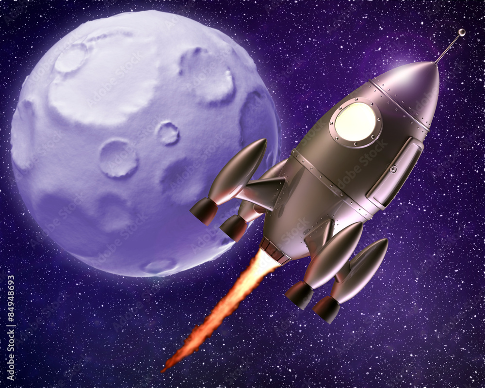 Naklejka premium Cartoon Rocket Flying Through Space