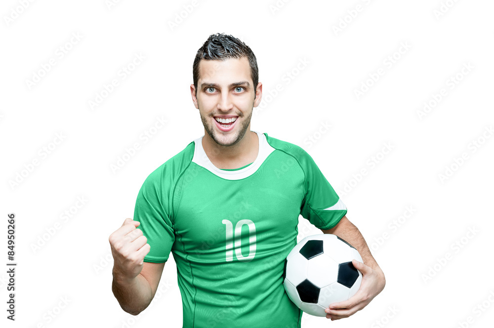 Naklejka premium Soccer fan celebrates with green t-shirt isolated on background
