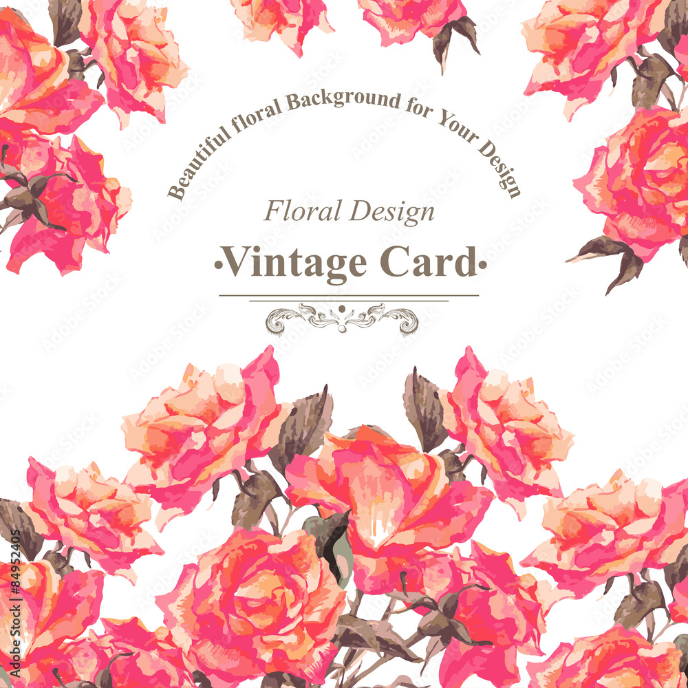 Vintage Watercolor Greeting Card with Blooming Red Roses