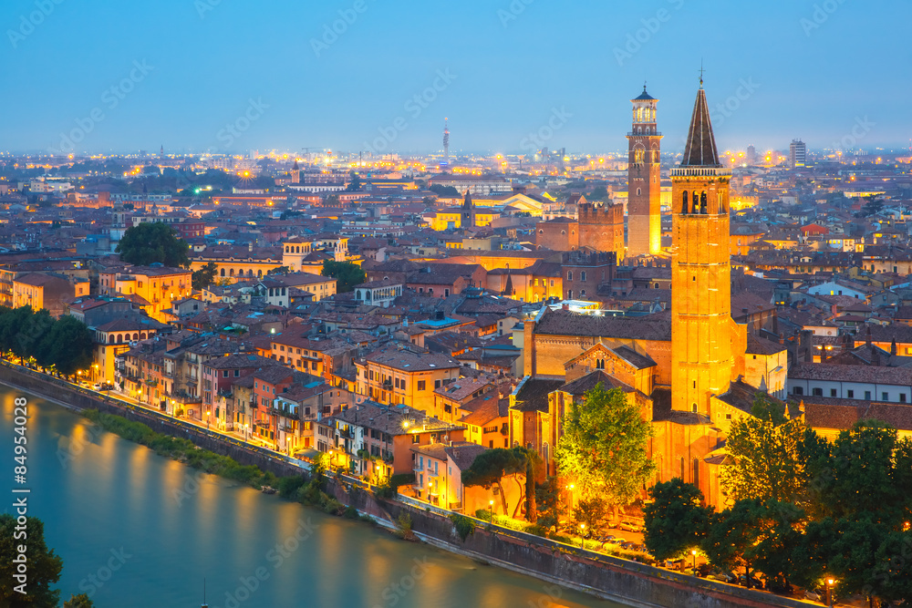 Verona skyline at night, Italy