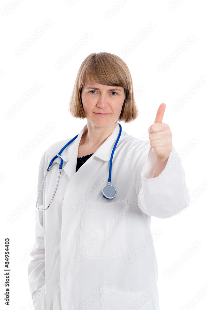 female doctor in lab coat with thumb up female doctor in lab coat with thumb up