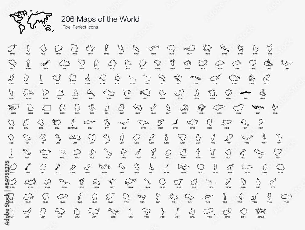 Maps of the World by Country Pixel Perfect Icons (line style) - obrazy, fototapety, plakaty 