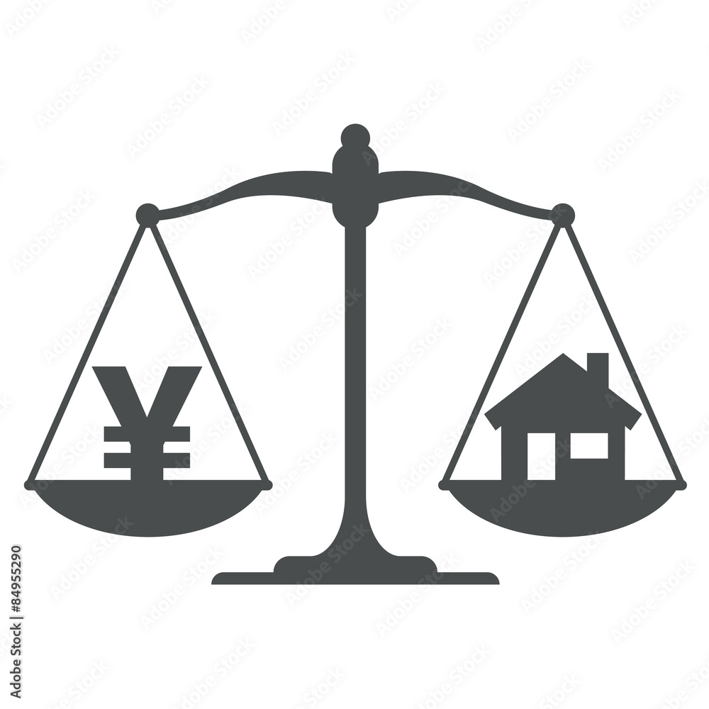 Icono balanza con simbolo casa yen gris Icono balanza con simbolo casa yen gris