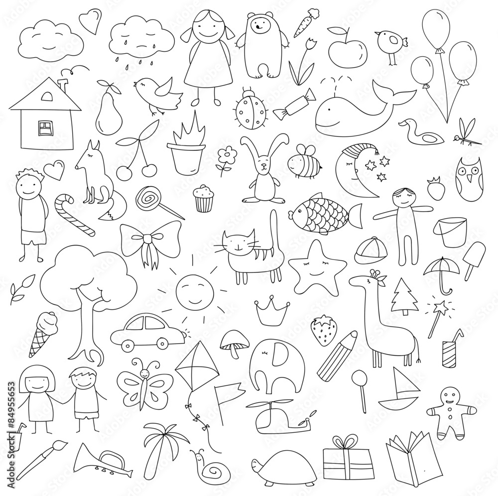 Childhood characters doodle vector set Stock Vector | Adobe Stock