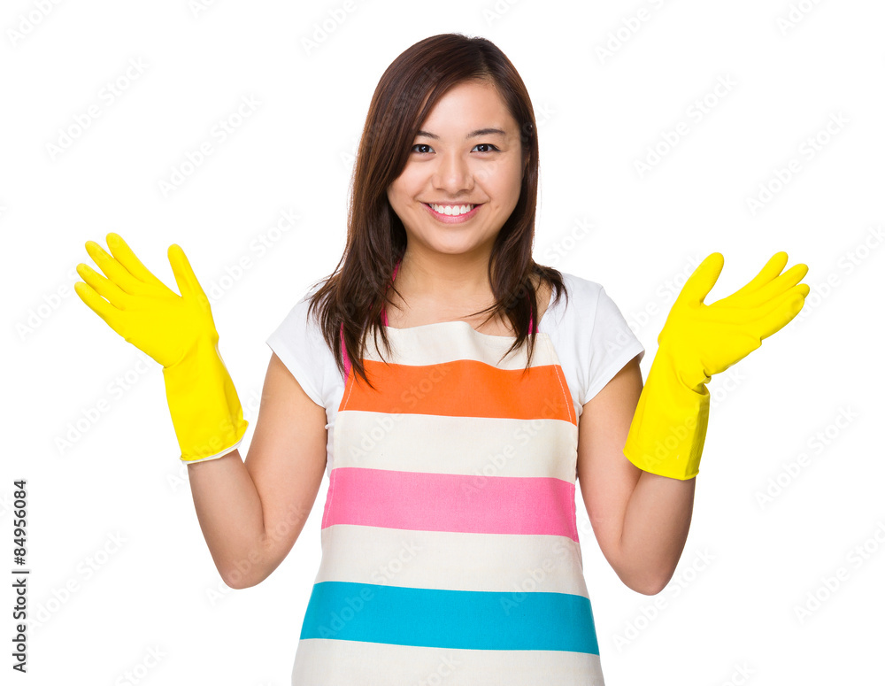 Asian housewife wear with plastic gloves Asian housewife wear with plastic gloves