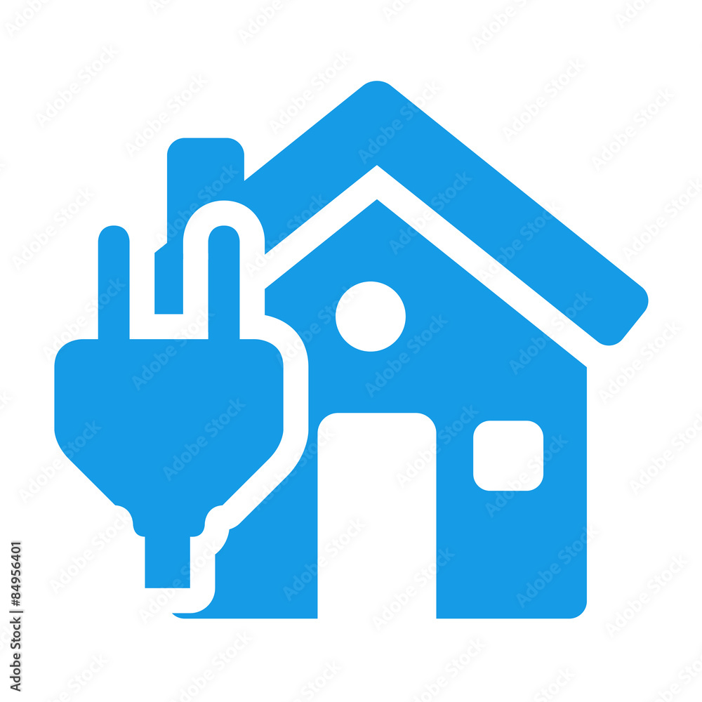 Icono casa con simbolo enchufe electrico azul Icono casa con simbolo enchufe electrico azul