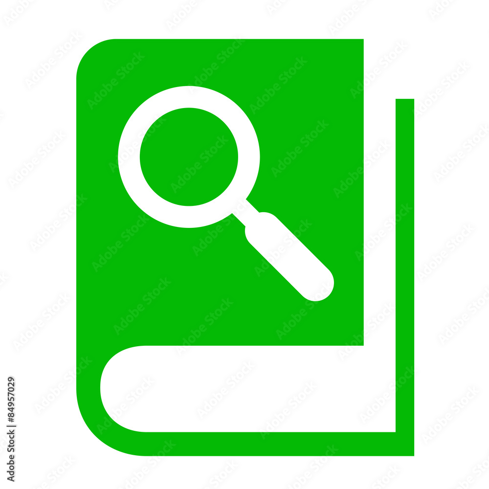 Icono libro con lupa verde Icono libro con lupa verde