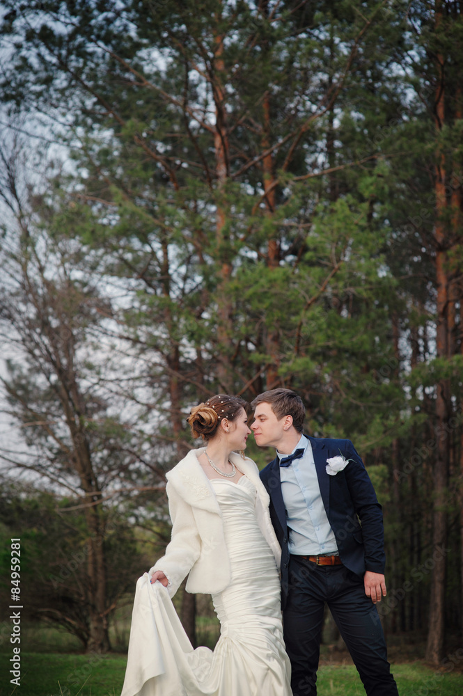 Happy bride and groom walking on the edge of a pine forest in the spring Happy bride and groom walking on the edge of a pine forest in the spring