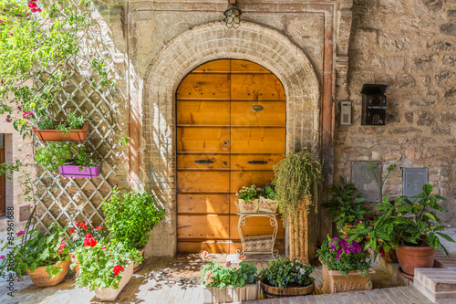Elegante porta di legno con vasi di fiori