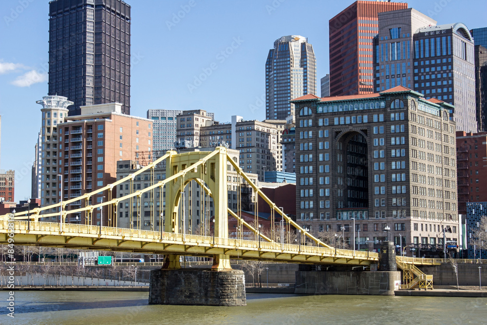 Yellow Bridge and City - Yellow Painted Iron Suspension Bridge Across the Allegheny River Toward Downtown Pittsburgh Pennsylvania