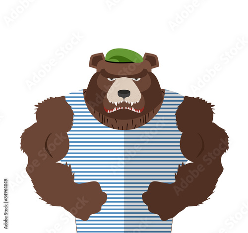 Angry bear in striped vest. Russian bear defender in a green ber