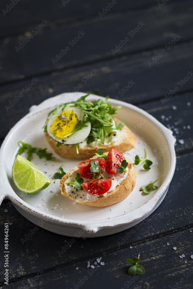mini toast with radish, egg, arugula and tomatoes on dark background mini toast with radish, egg, arugula and tomatoes on dark background