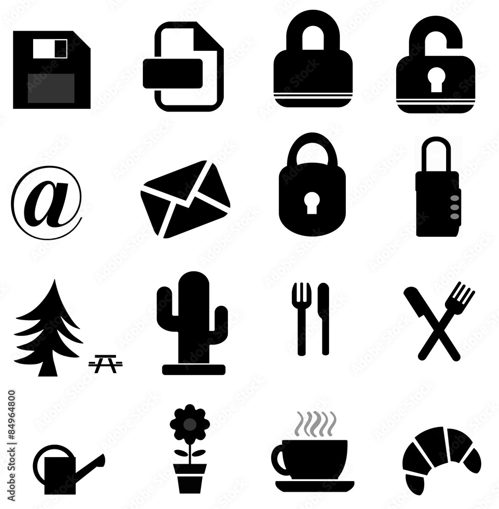 Informatique, cadenas, plantes et petit déjeuner en 16 icônes Informatique, cadenas, plantes et petit déjeuner en 16 icônes