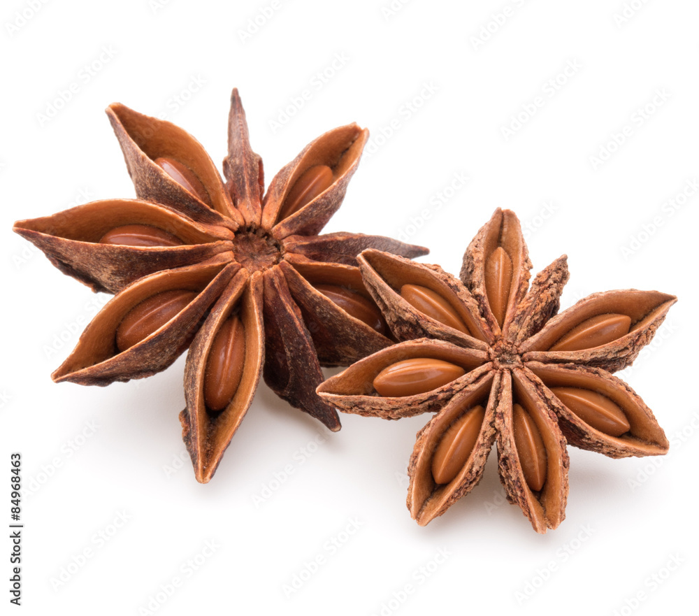 Star anise spice fruits and seeds isolated on white background c Star anise spice fruits and seeds isolated on white background c
