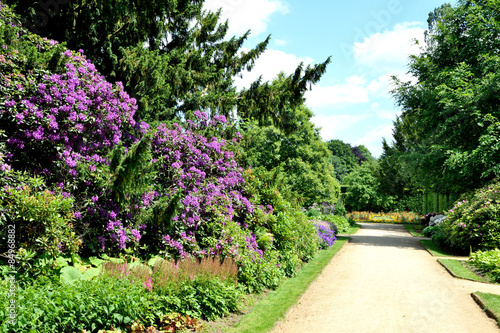 Alleys and walkways among green lawns and colorful trees at botanic garden 