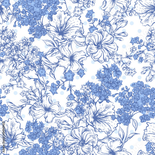 Blue Seamless Background with Spring and Summer Flowers