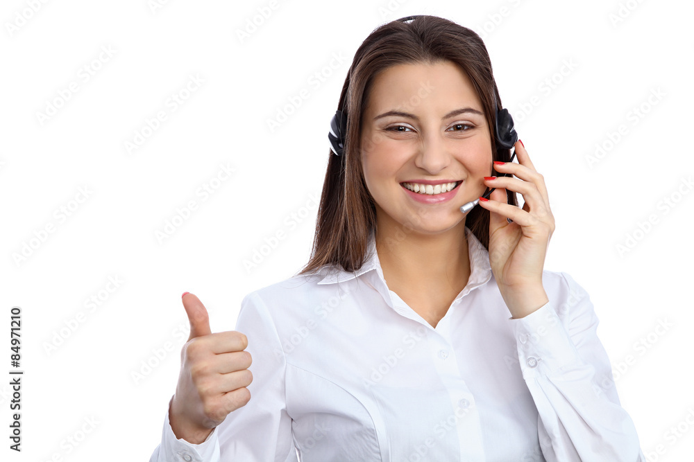 Support phone operator showing thumbs up Support phone operator showing thumbs up