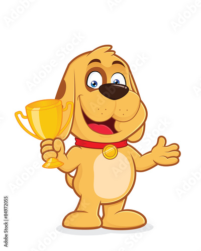 Dog holding a trophy cup