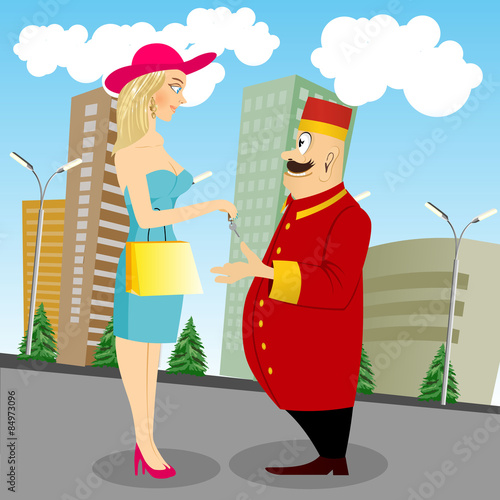 beautiful lady giving key to bellboy