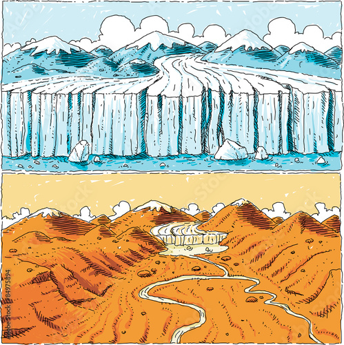 A global warming cartoon showing glacier retreat over time as climate changes from cool to hot because of global warming.