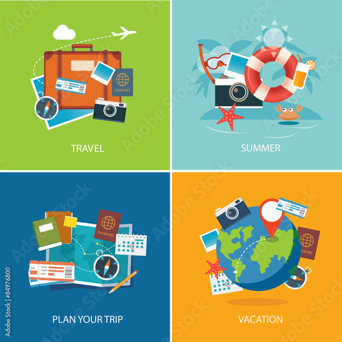 set of summer and travel flat design banner template