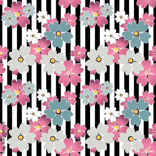 Seamless cute cartoon flowers pattern on striped background