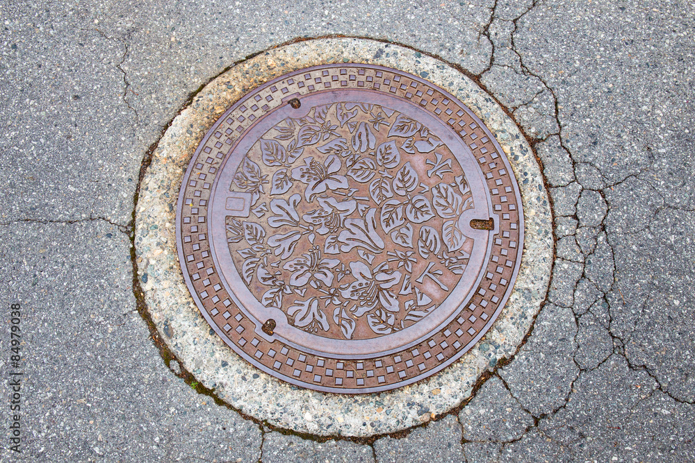Drain cap art on the surface of sewer cover on the walk way takayama japan