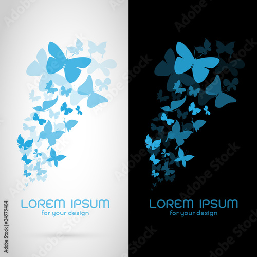 Vector image of an butterflies flock on white background and bla