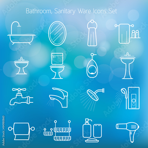 Bathroom Line Icons Set with Blur Background