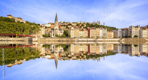 Large panoramic view of Lyon with Saone river