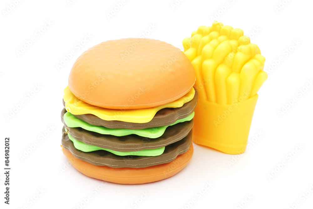 Detecteren vragenlijst flexibel plastic toy hamburger and french fried on white background Stock Photo |  Adobe Stock