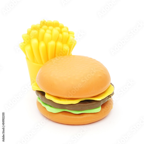 plastic toy hamburger  and french fried on white background