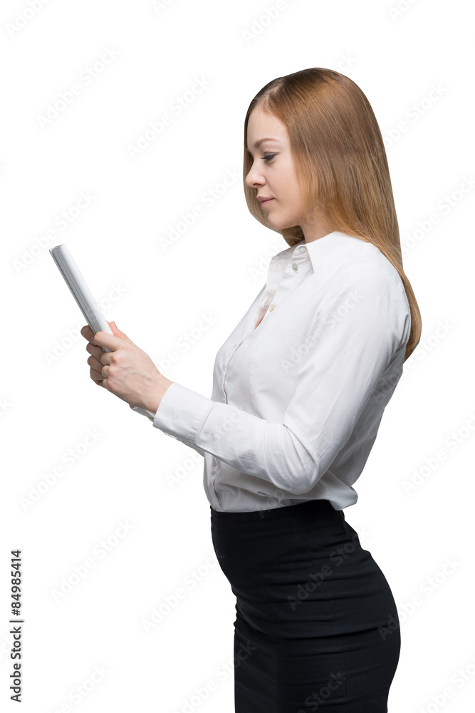 Young beautiful lawyer is reading a contract. Isolated Young beautiful lawyer is reading a contract. Isolated