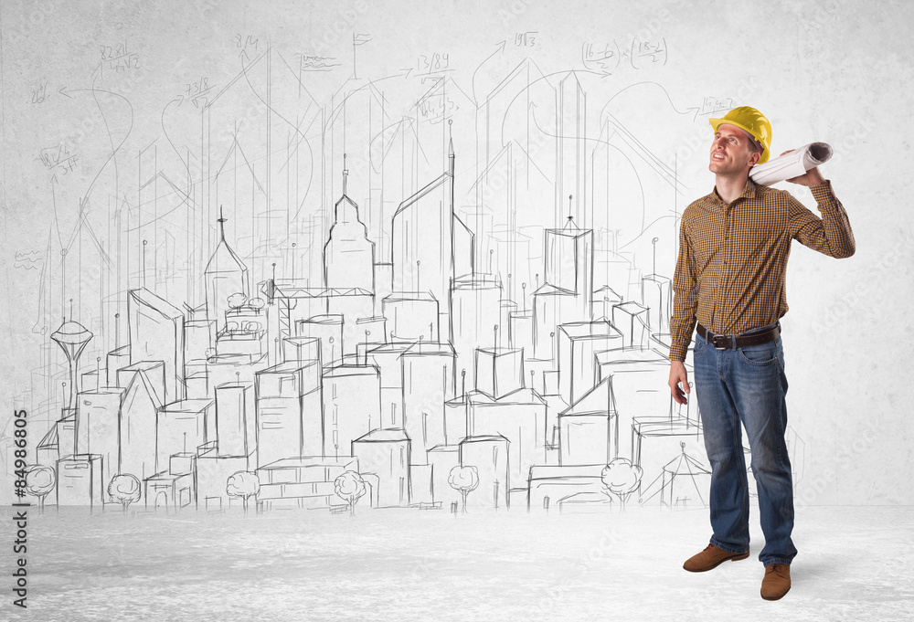 Construction worker with cityscape background Construction worker with cityscape background