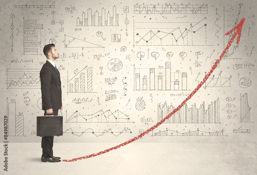 Business man climbing on red graph arrow concept Business man climbing on red graph arrow concept