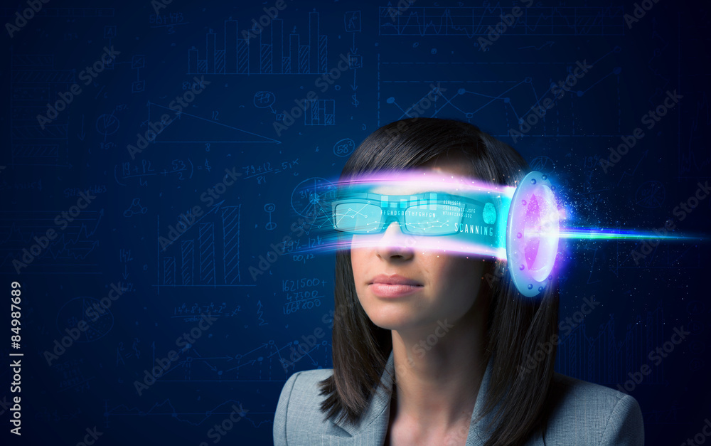 Woman from future with high tech smartphone glasses Woman from future with high tech smartphone glasses