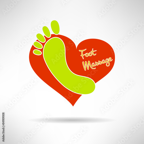 Feet massage sign and foot logo on top of a red heart. Health
