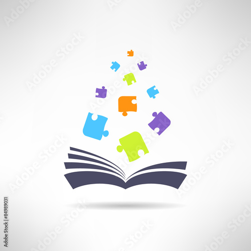 Book icon with puzzle pieces flying from it. Riddle and smart